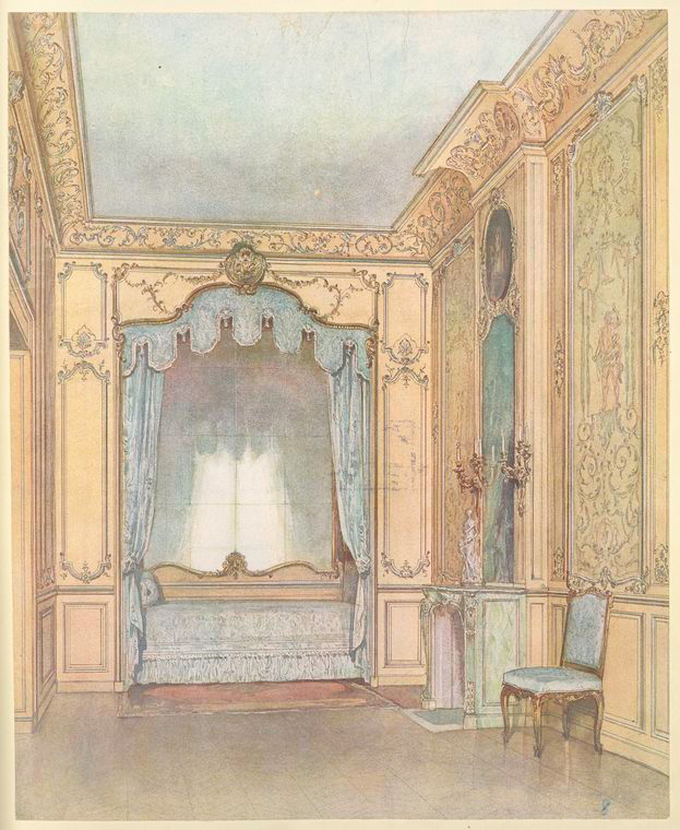 the image shows a detailed rendering of a room with an opulent, classical interior design. the room features intricate paneling on the walls, adorned with decorative moldings and floral patterns. a daybed with a blue valance and curtains is nestled into a recess, flanked by paneling. in the corner of the room, a small mantelpiece supports a statue and candelabra. a single, elegant chair sits nearby, completing the scene. the overall color palette is soft and muted, with hints of blue, green, and gold, creating a sense of luxury and refinement. the perspective is slightly elevated, providing a comprehensive view of the room's layout and design elements.