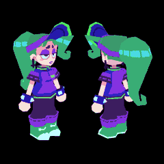 a 3/4 view of a female video game character and a mirrored view from behind. she is wearing a purple shirt, black pants, green boots and a green visor. her hair is long and green.  the art style is pixel art and the character is lit from the front.