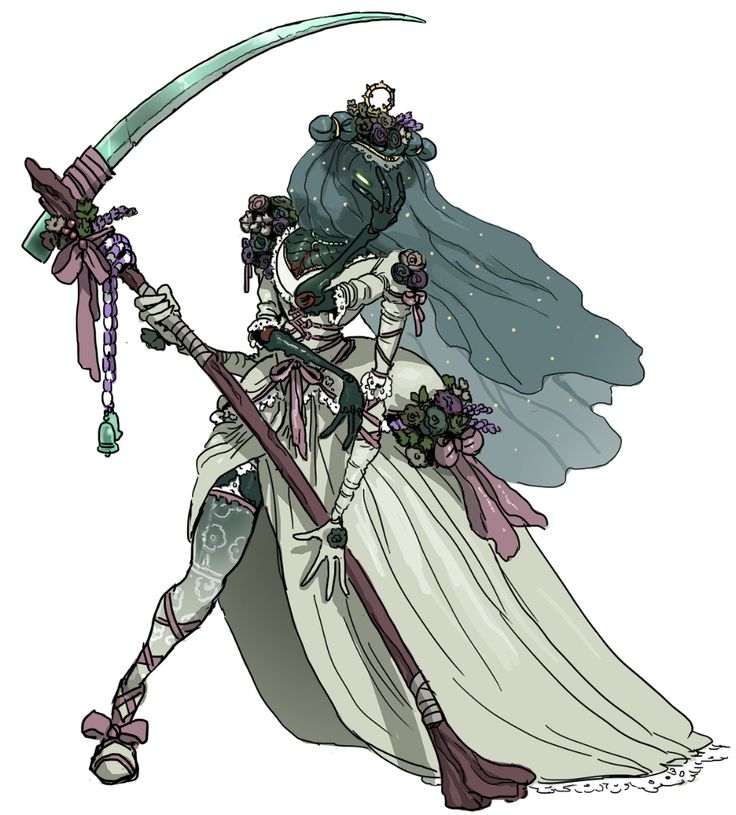 a female monster with green skin and a deathly look in her eyes, wearing a white wedding dress and a veil, is wielding a scythe with flowers on it.