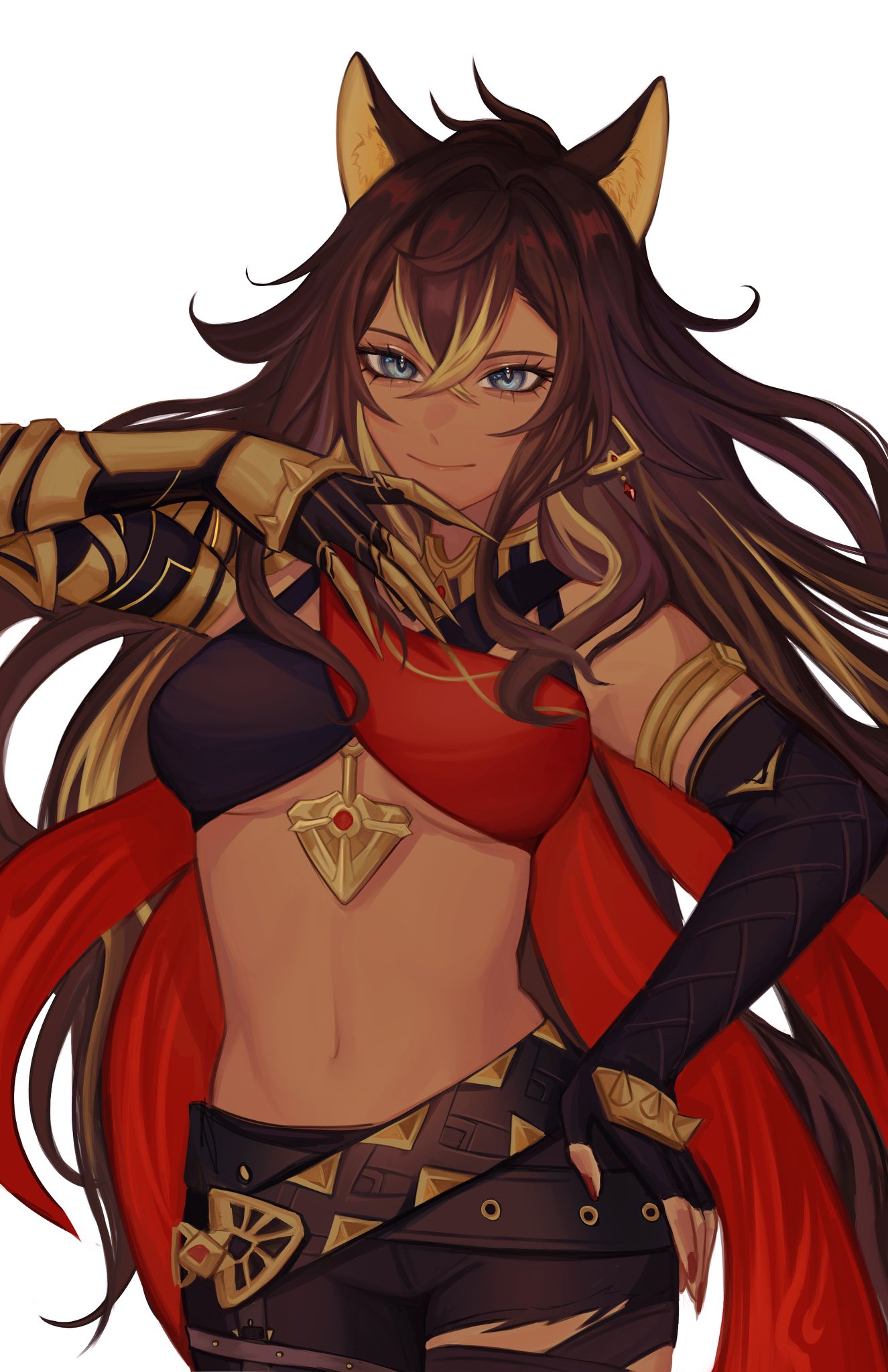 a digital illustration of a woman in an anime style. she has long brown hair, brown eyes, and is wearing a red and black outfit with gold accents. she is smiling and looking at the viewer. her left hand is holding a weapon, and her right hand is on her hip. the background is white.