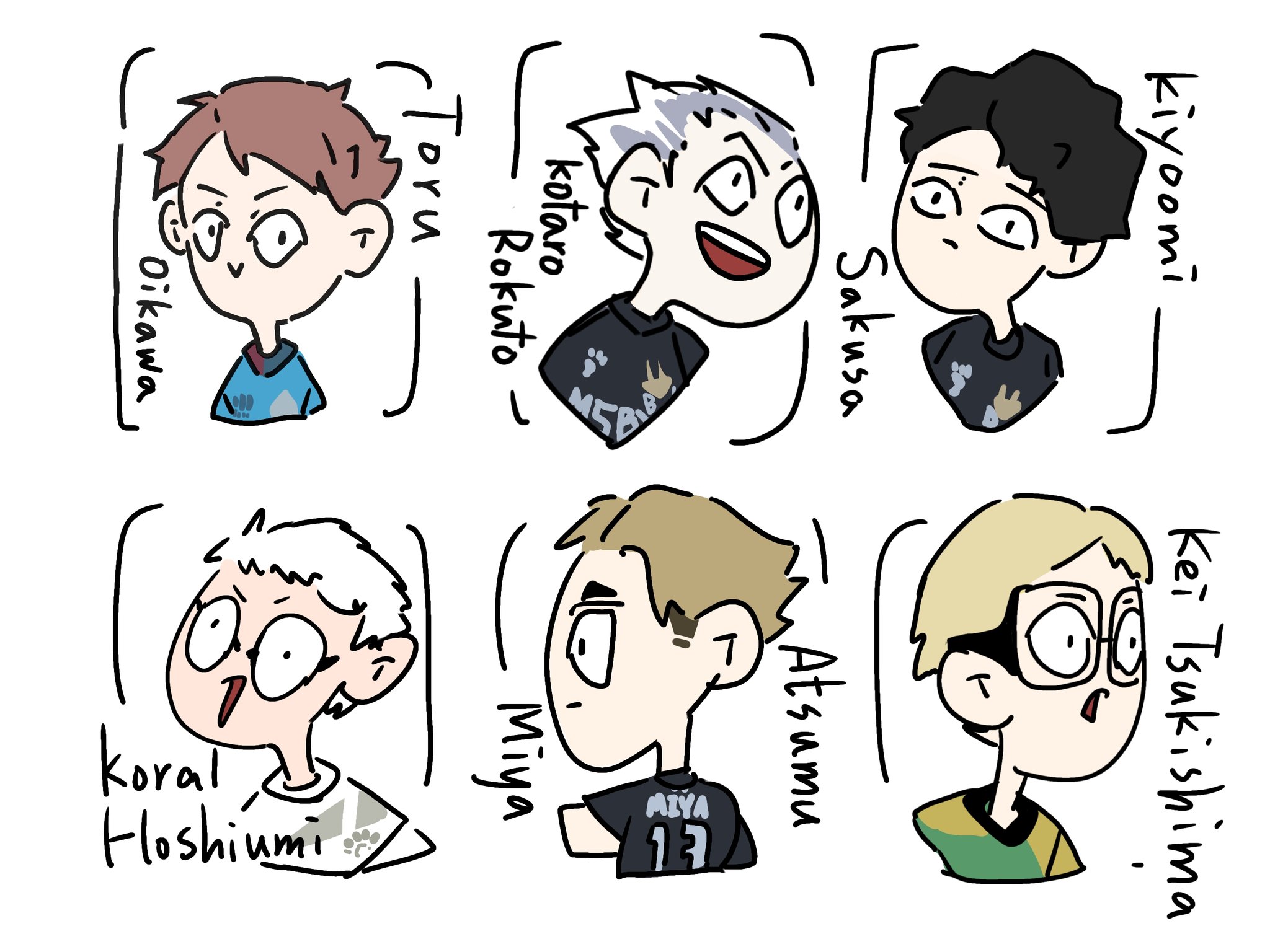 the image is a collection of 6 haikyuu characters, each in a square box with their name above,  some of their names are shortened or nicknames. all characters are drawn in a chibi style and are shown with exaggerated facial expressions. the characters are: oikawa tooru, sakusa kiyoomi, kei tsukishima, atsumu miya, koral hoshiumi, rokuto kotaro.  each character is wearing their respective school's volleyball uniform and is looking in different directions with different expressions. the image overall is very cute and funny.