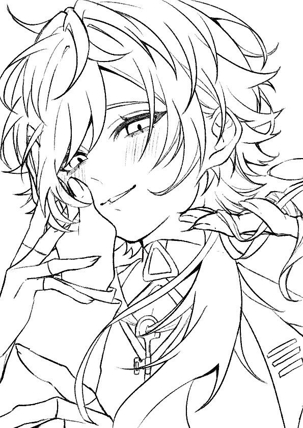 black and white line drawing of an animestyle boy with long, wavy hair. he has a slight blush on his cheeks and a small smile. he is wearing a collared shirt with a keyshaped accessory. the drawing style is reminiscent of manga or anime illustrations. the lines are clean and precise, and the shading is minimal. the overall impression is one of youthful charm and slight mischief.
