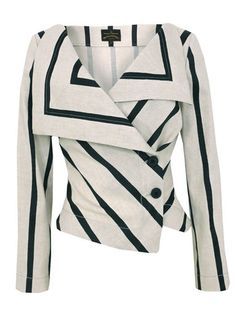 a white and black striped blazer with long sleeves and an asymmetrical button closure. the blazer has a wide collar and a fitted silhouette.