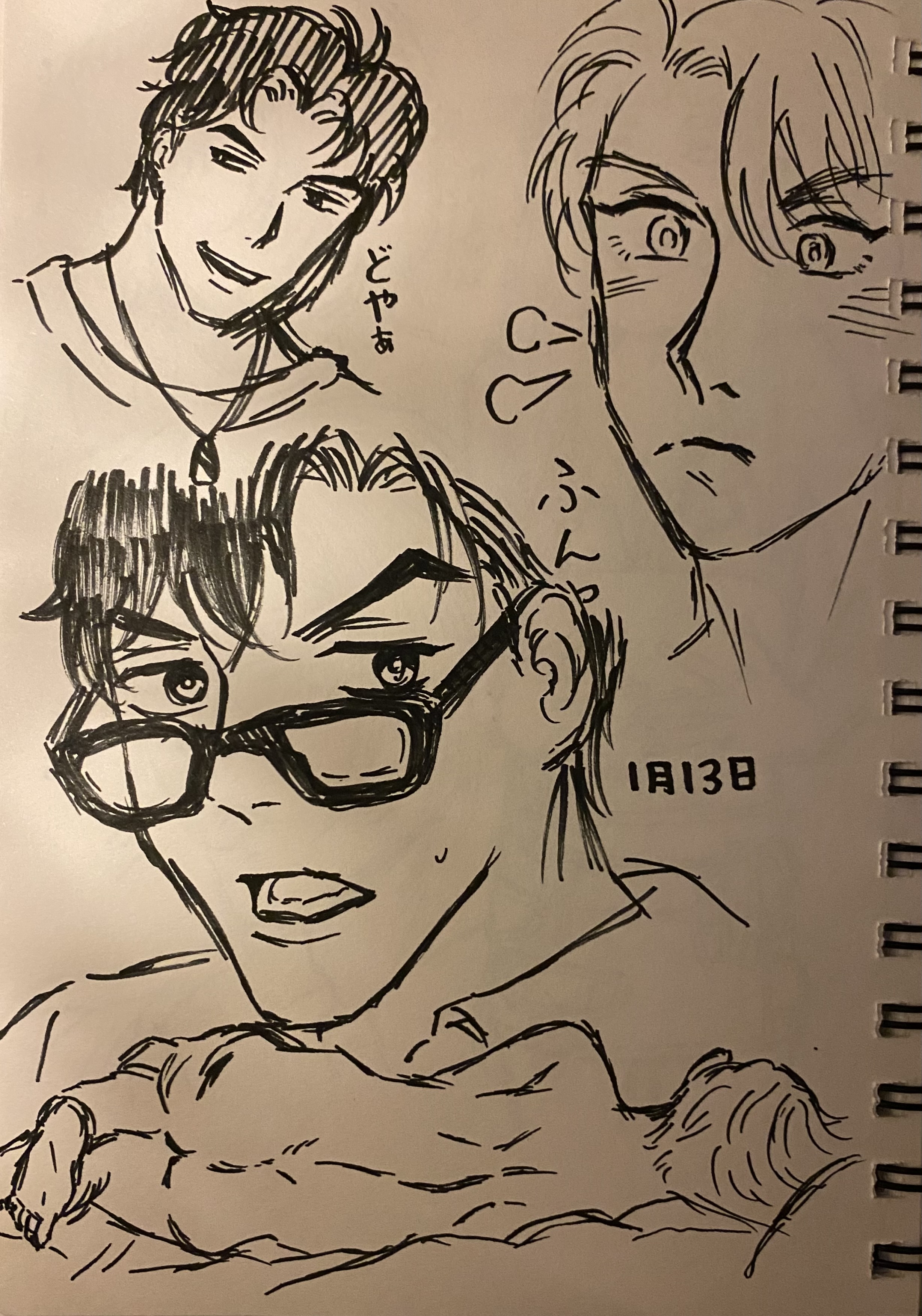he image shows a sketchbook page filled with several ink sketches of young men's faces and figures, possibly character design work for an anime or manga style.  the sketches are done in varying detail and show different expressions. one of the characters prominently features glasses. the style is loose and expressive, characteristic of quick character studies. there is some japanese text visible within the image. the drawings are in black ink on offwhite paper. a spiral notebook binding is visible on the right edge.