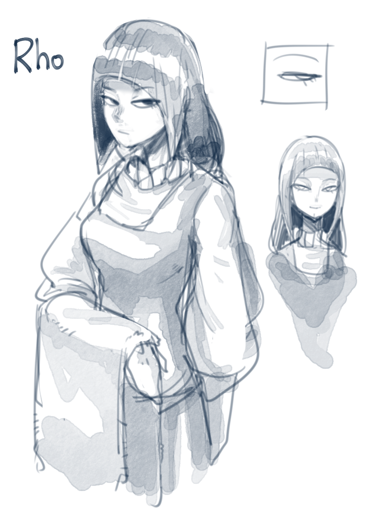 this is a drawing of an anime character named rho. she has long black hair and is wearing a sweater and a long jacket. the drawing is done in a sketch style with watercolor effects.  rho's expression is serious and confident, and her eyes are wide open and piercing. she is looking to the side of the page, almost as though she is looking directly at the viewer. there is a second sketch of her eye above rho, and a separate sketch of a different woman with long hair. rho is looking at the viewer with a cool, confident expression and appears mysterious and intriguing.