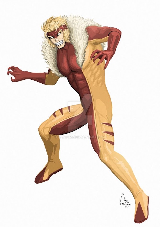 a digital illustration of sabretooth, a marvel comics superhero, in a dynamic action pose. he is drawn in a classic style, with his signature yellow and red costume, claws extended, and fangs bared in a menacing snarl.