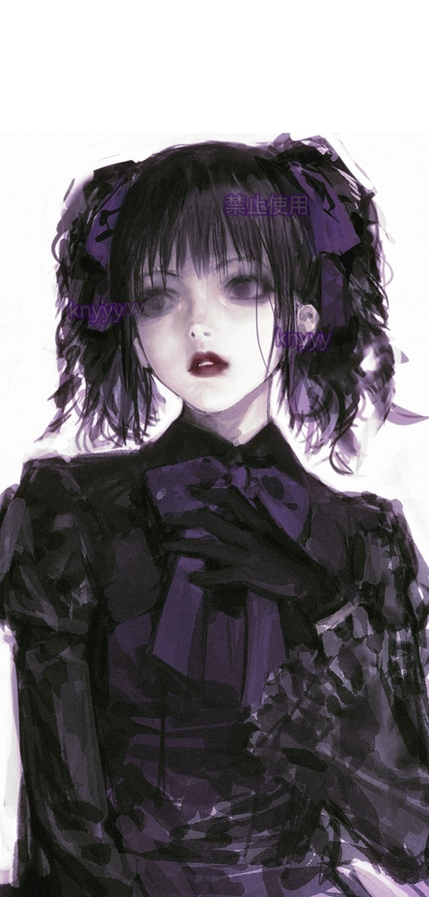 this is a digital artwork of an anime girl with black hair tied with purple ribbons. she's wearing a black dress with a purple bow and has purple eyes. she looks like she's from a fantasy or gothic anime.