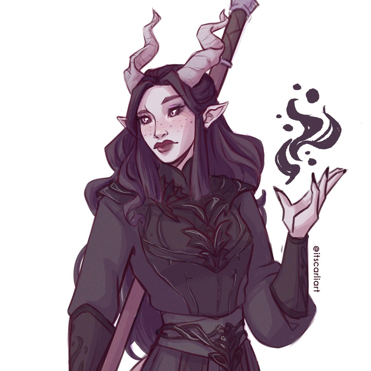 the image is a digital painting of a female fantasy character. she appears to be an elf or tiefling, characterized by her pointed ears and prominent horns curving back from her head.  her long purple hair flows around her shoulders. she's dressed in an elaborate, darkcolored outfit with ornate detailing that suggests a magical or mystical theme.  she holds a staff behind her and is gesturing with her other hand, as if casting a spell;  a dark, swirling magical effect is depicted near her hand. the art style is soft and painterly, with a focus on subtle shading and detail. the overall mood is elegant and slightly mysterious.  the artist's watermark, @itscarliart, is visible in the lower right corner.