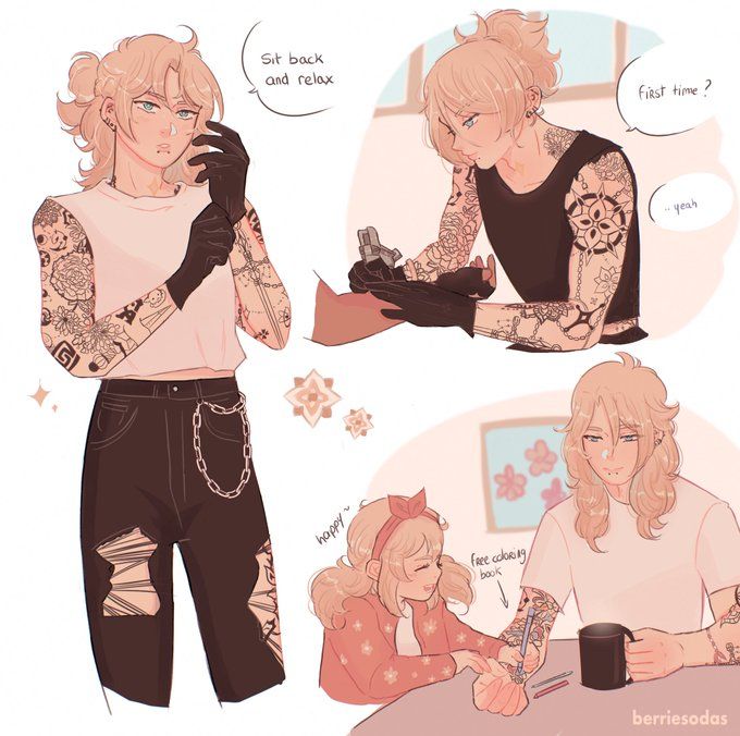 he image is a digital illustration, likely fan art in the style of anime or manga, depicting several scenes featuring characters with intricate tattoos. the primary focus is on a blondehaired tattoo artist with elaborate arm tattoos, who is shown tattooing different clients.  one scene depicts the artist working on a client with short blonde hair, dressed in a casual outfit with ripped jeans. another shows a man with long blonde hair, having his arm tattooed by the artist while a small girl watches and colors. the art style is soft and pastelcolored, creating a calm and gentle mood.  bubbles containing dialogue like "sit back and relax" and "first time?" enhance the narrative aspect of the image. the artist's signature, "berriesodas," is visible in the bottom right corner.