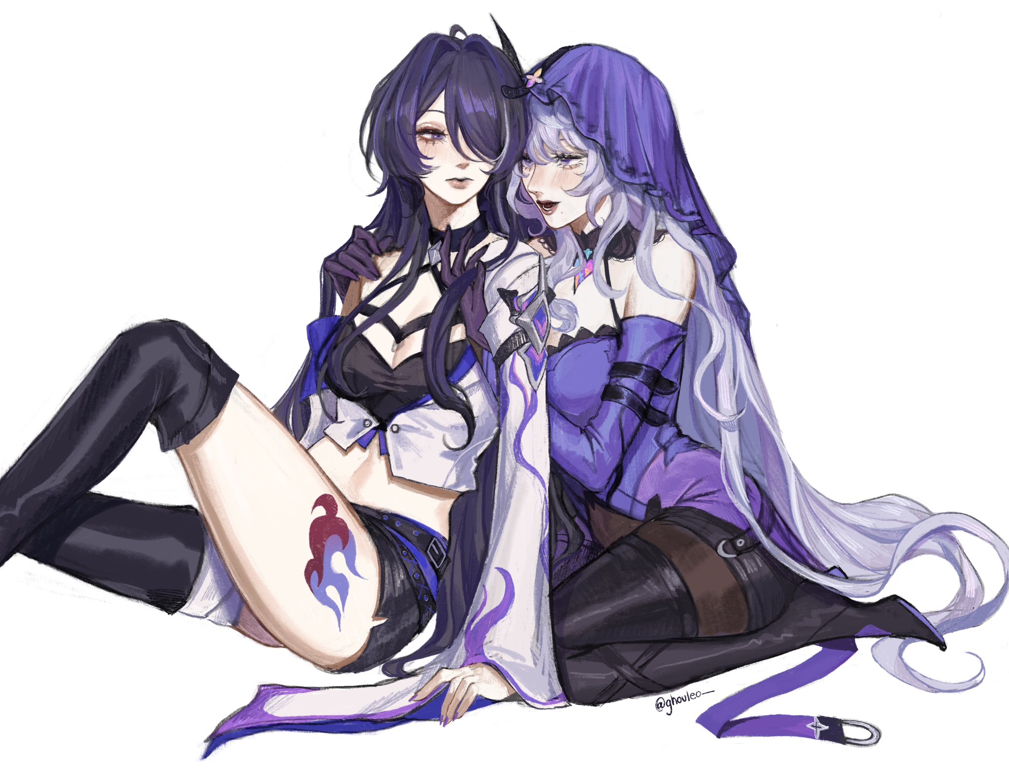 the image is an illustration of two anime girls. both girls have long hair, one with dark purple hair and the other with long white hair. the girl with the purple hair is wearing a white shirt and black pants with a purple jacket. the girl with the white hair is wearing a long purple dress with a hood over her head. the two girls are hugging each other, the girl with purple hair sitting on the floor with her legs crossed, while the other girl is resting her head on her shoulder. the image appears to be in a loving or affectionate relationship.