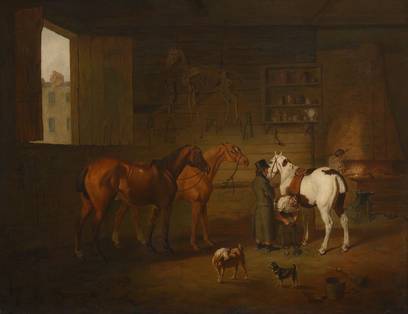 the painting depicts the interior of a stable. three horses stand in the foreground, two brown and one white with brown spots. a man in a top hat and coat stands near the white horse, speaking to a farrier who is working on the horse's hoof. in the background, a blacksmith works at a forge. a horse skeleton hangs on the wall, and a shelf with various tools and objects is visible. two dogs and a goat are on the ground. light streams in through an open door, revealing a building outside.