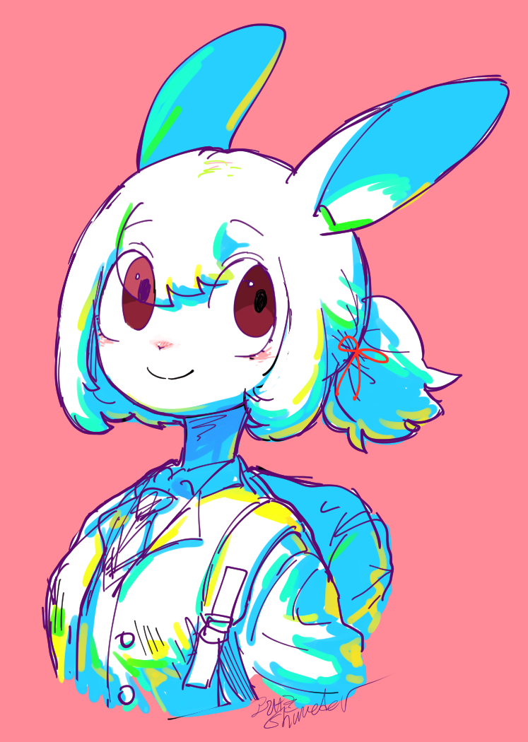 a cartoon drawing of a happy girl with bunny ears and a backpack. she is wearing a white shirt and a blue jacket. the background is pink. the drawing is done in a doodle style with bright, vibrant colors.
