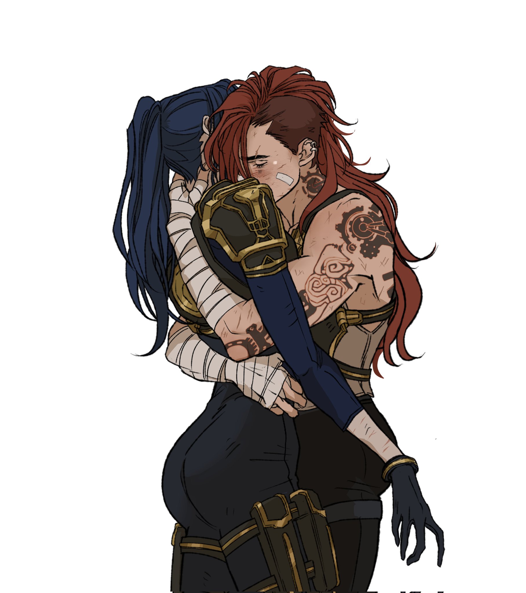 this is an image of arcane characters vi and jinx in a tender embrace. vi, with her distinctive red hair, tattoos, and bandages, is hugging jinx, who has blue hair. they are kissing.