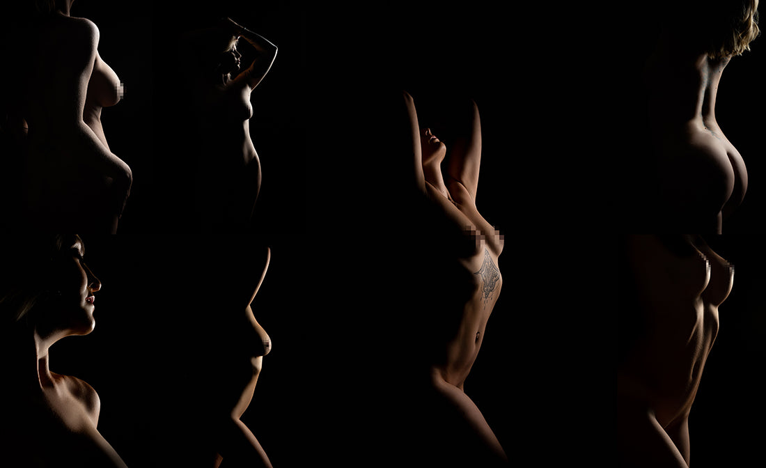 the image is a stylized photographic collage featuring multiple female figures.  each woman is posed differently, shown in various profile and partial views. the lighting is dramatic, using strong backlighting to create stark silhouettes against a completely black background.  only the outline of the bodies is visible, with some detail lost to the shadow, suggesting a focus on form and shape rather than explicit detail. one figure has a visible tattoo on their torso. the overall effect is artistic and sensual, aiming for a feeling of abstract beauty rather than explicit nudity.