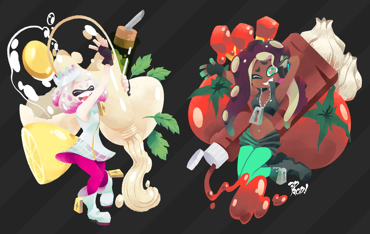 this is a digital illustration featuring two popular splatoon characters. on the left side is a girl with a white squid form. she is wearing a white top with pink pants and holding a lemon and bottle of mayonnaise. she is standing next to a large white blob that resembles mayonnaise. on the right side is a girl with a purple squid form. she is wearing a black tank top and green pants and holding a tomato and a bottle of ketchup. she is standing next to a large red blob that resembles ketchup. the image is done in a colorful, cartoon style.