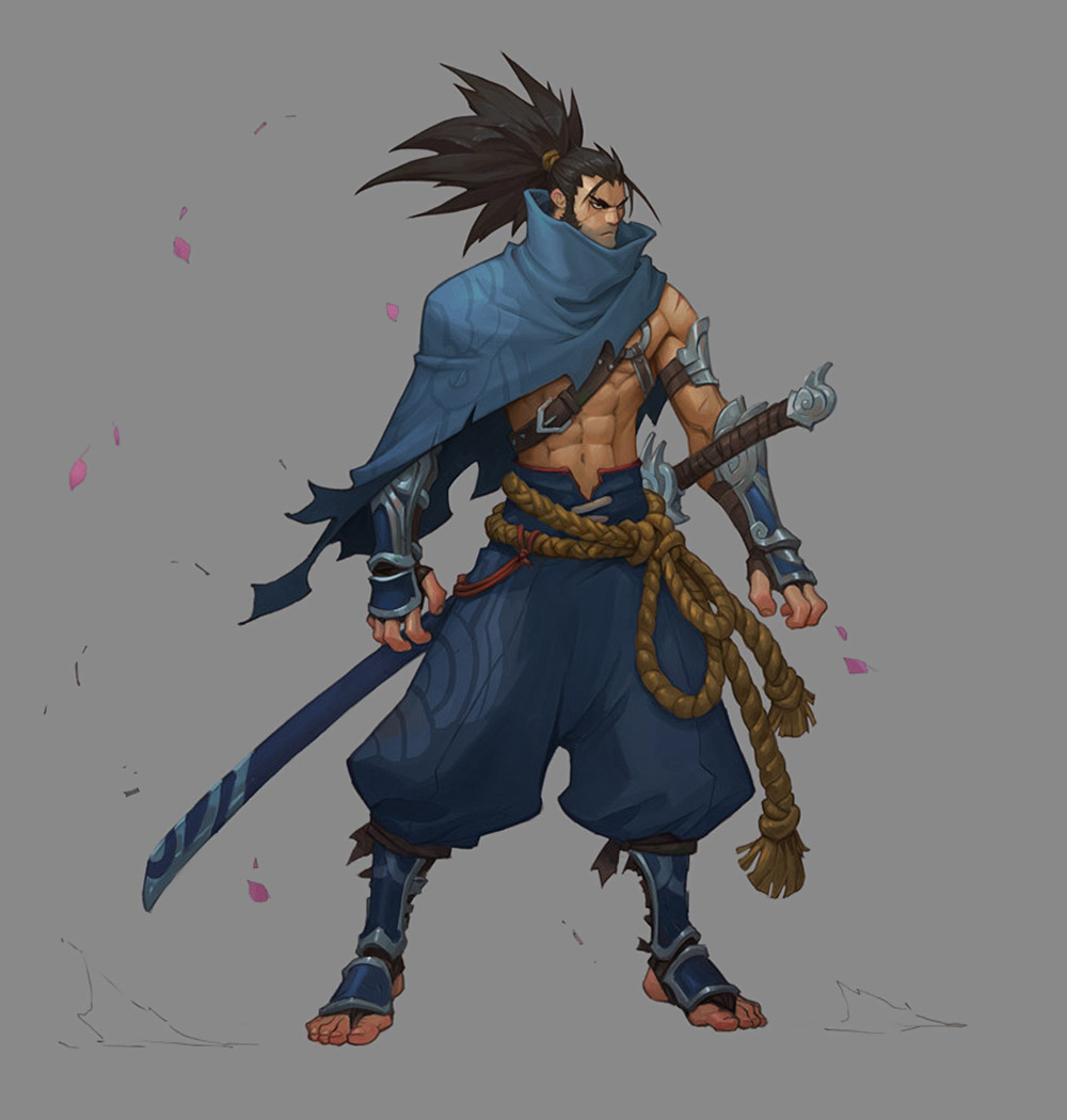 this is a digital illustration of a  male warrior,  a samurai,  standing  in a  posing stance.  he is dressed in a blue and grey samurai outfit with an armored chest, a blue robe,  and  a brown  belt.  he has  a  long ponytail  and  is holding a katana. the warrior is surrounded by pink petals.
