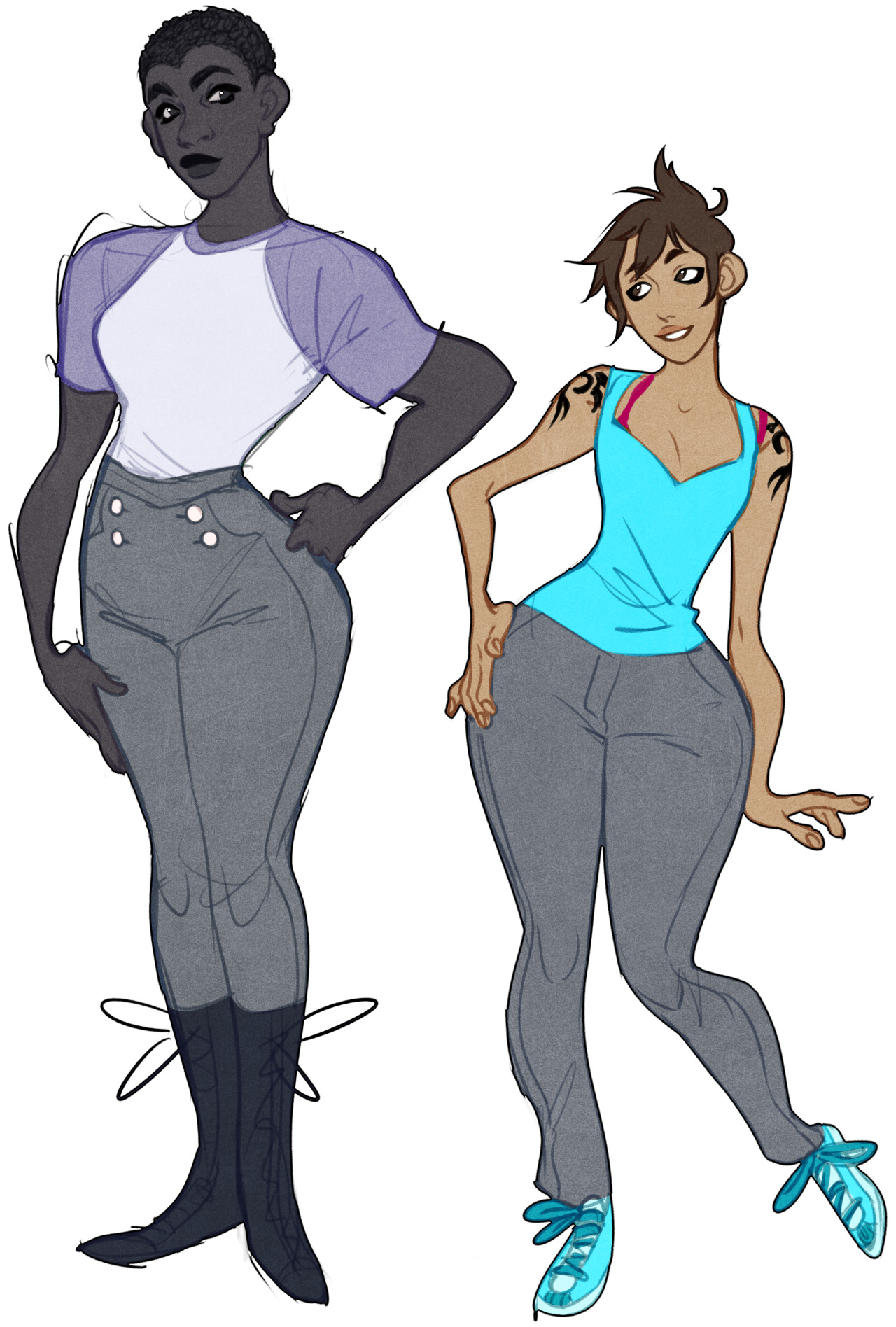 an illustration of two women standing in front of a white background, the woman on the left has dark brown skin and short black hair. she is wearing a white and gray baseball tee, gray highwaisted pants, and black boots. she is posing with her hand on her hip. the woman on the right has light brown skin, short brown hair, and blue eyes. she is wearing a light blue tank top, gray jeans, and blue sneakers. she has tattoos on her right arm and shoulder, and she is posing with her hands on her hips.