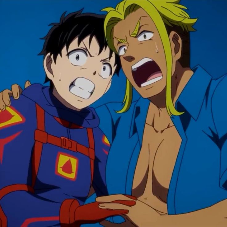 two anime males. one is wearing a red, blue, and yellow superhero costume with a red and black hand and is looking shocked. the other is wearing a blue shirt with his top unbuttoned and is looking shocked.  both have their mouths open and wide eyes. they are both facing the camera.  the background is a solid blue.