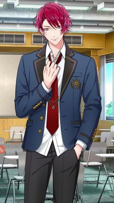 a digital illustration of a redhaired man in a school uniform, standing in a classroom.  the man has crimson eyes and is wearing a blue blazer over a white shirt and dark pants. he is adjusting his red tie with a gold detail.  the classroom is mostly empty.  this style is common to otome games.