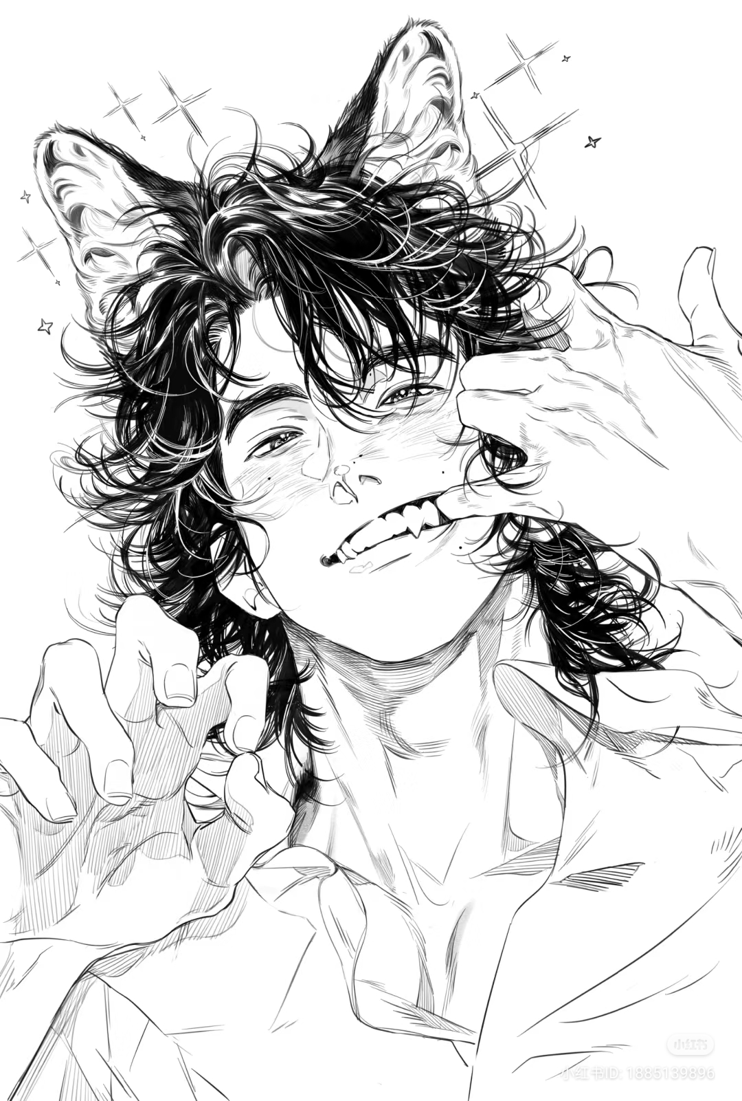this black and white drawing showcases a closeup portrait of a handsome young man with catlike features. he has pointed ears, sharp fangs, and captivating eyes. his expression is playful and mischievous. the artwork emphasizes detailed linework and a soft lighting style, typical of manga illustrations.