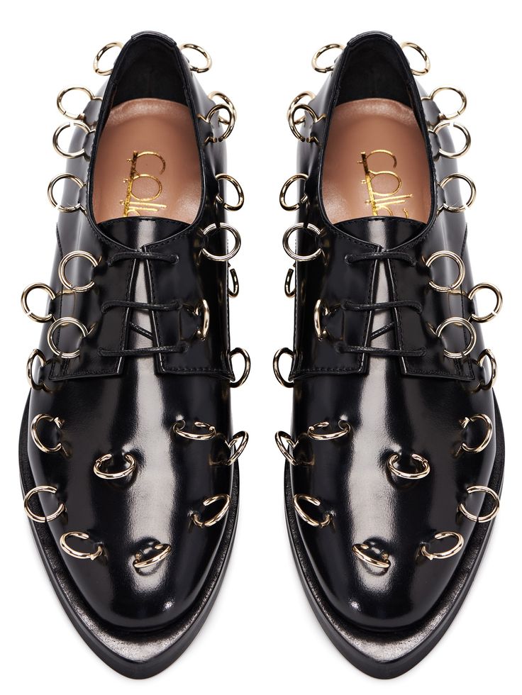 a pair of black leather cole haan oxfords are shown from a bird's eye perspective.  the shoes are adorned with numerous small, gold rings that are attached around the shoe's perimeter.  the shoes have a pointed toe and laceup closure.  the brand name "cole haan" is faintly visible on the inside of each shoe. the image is welllit and shows the details of the shoes clearly.