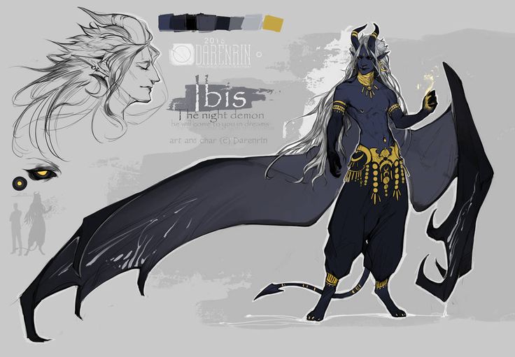 the image is a digital art illustration of a character named ibis. he is a night demon with blue skin, long white hair, black wings, and horns. he is wearing a golden belt, black pants, and black ankle bracelets. he is standing with his right hand raised. the background is a light grey.
