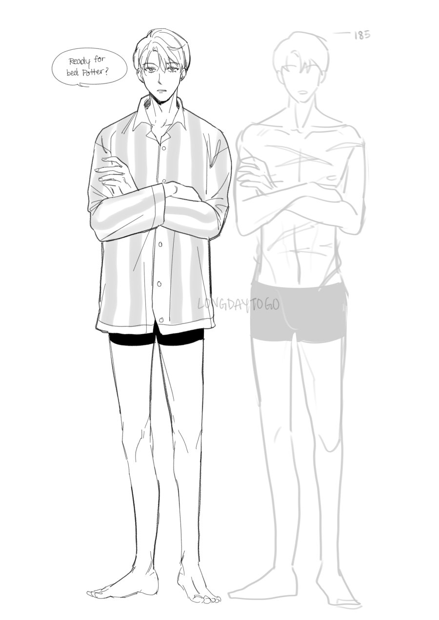 the image is a black and white illustration, possibly fanart, featuring two versions of a male animestyle character.  the character on the left is fully clothed in striped pajamas and is shown with more detail. he has slightly messy, short hair and is standing with his arms crossed, looking somewhat pensive. a speech bubble above him says, "ready for bed, potter?".to the right is a more skeletal outline of the same character, showing his naked body, only wearing simple shorts. the only label on the figure is "185" near his head, likely indicating his height in centimeters.  the figure on the right acts as a body reference for the one on the left, clearly demonstrating the proportions and posture. the style suggests a simple, possibly informal drawing, perhaps a character concept sketch or a piece of fan art.
