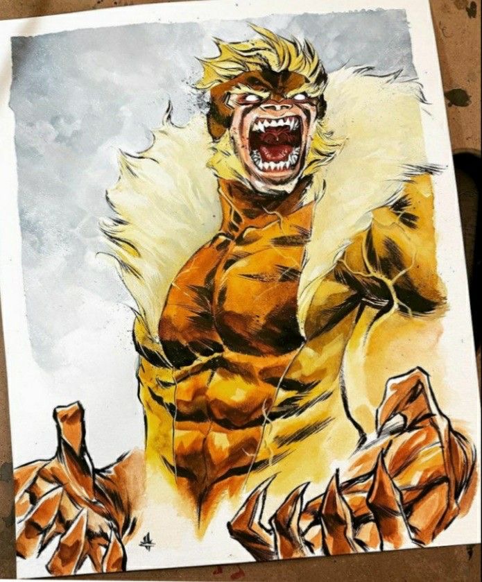 a watercolor painting of sabertooth, a powerful mutant villain from the marvel universe. he is depicted with his signature yellow fur, claws, and teeth. his expression is one of pure rage and aggression. the artwork is done in a comic book style.