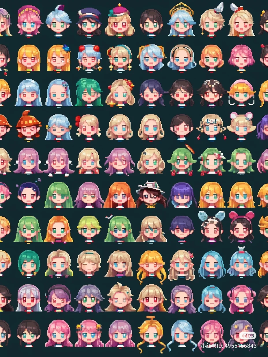 the image is a collection of small, pixel art portraits showcasing a variety of female characters. each portrait focuses on the face and hair, featuring a range of hairstyles, colors, and accessories.  the characters have large, expressive eyes and generally cheerful expressions. the overall style is cute and colorful, likely intended for use as avatars or in a game.