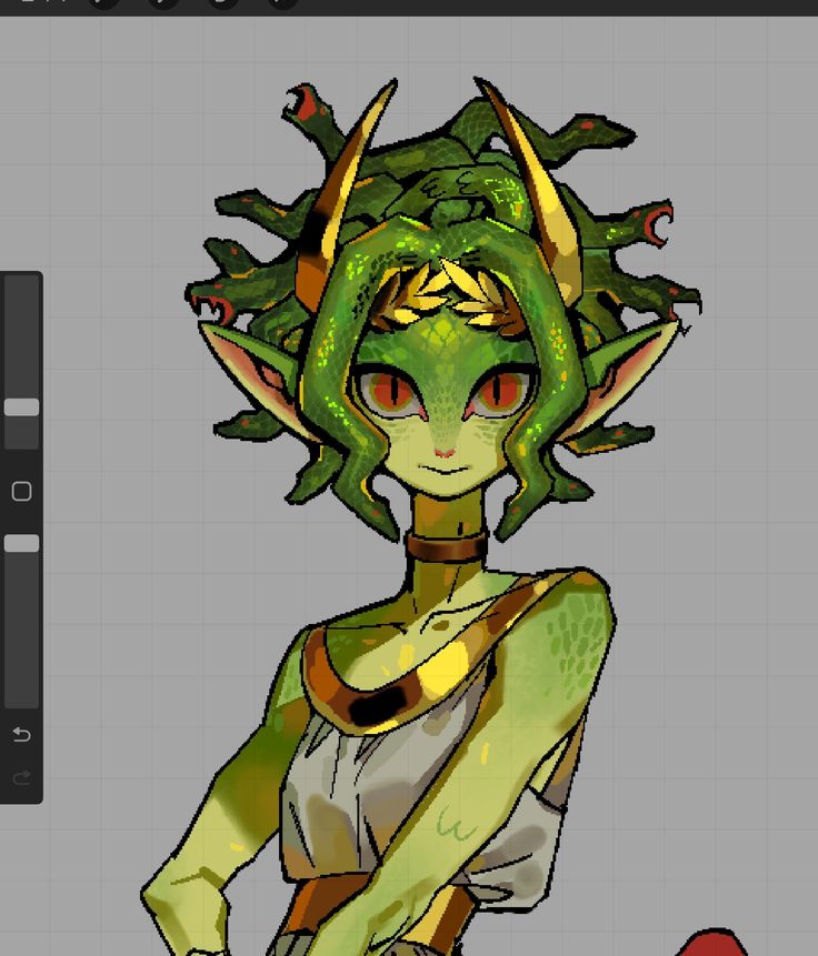 vibrant digital painting depicts a stylized female character resembling medusa. her head is adorned with a crown of snakes, replacing her hair. her skin is green and scaly, and she has pointed elven ears. she is wearing a gold collar and a lightcolored toga with gold accents. her expression is serene and her eyes are bright red. the background is a neutral grid, typical of digital art software. the artwork is detailed and features a unique style, likely influenced by fantasy and mythological themes.