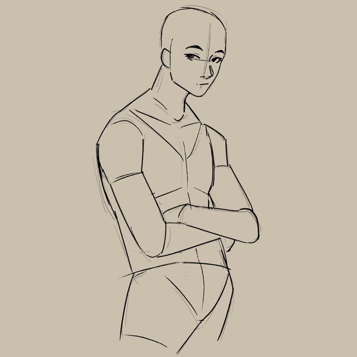 a black and white line drawing of a man with arms crossed standing in a casual pose. the sketch is basic with a simple outline and few details. it is a quick and easy sketch of a male figure.