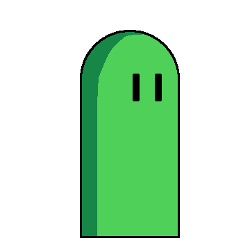 a pixelated green ghost with two black eyes.