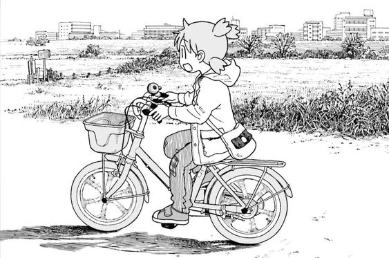 a black and white line drawing of a girl with short hair riding a bike on a path. she is wearing a jacket and a backpack. there are buildings in the background and grass on either side of the path. the image has a cartoon/manga style.