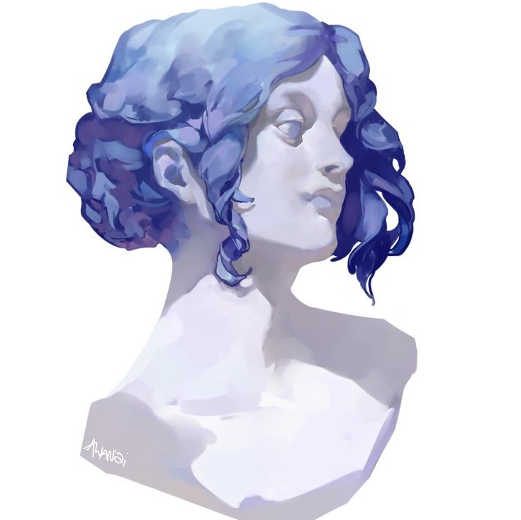 this is a digital painting of a woman's bust. the woman has blue hair that is styled in a curly updo. the bust is made of marble, and the woman has a serene expression. she is looking to the side, with a slight smile playing on her lips.  the background is white.