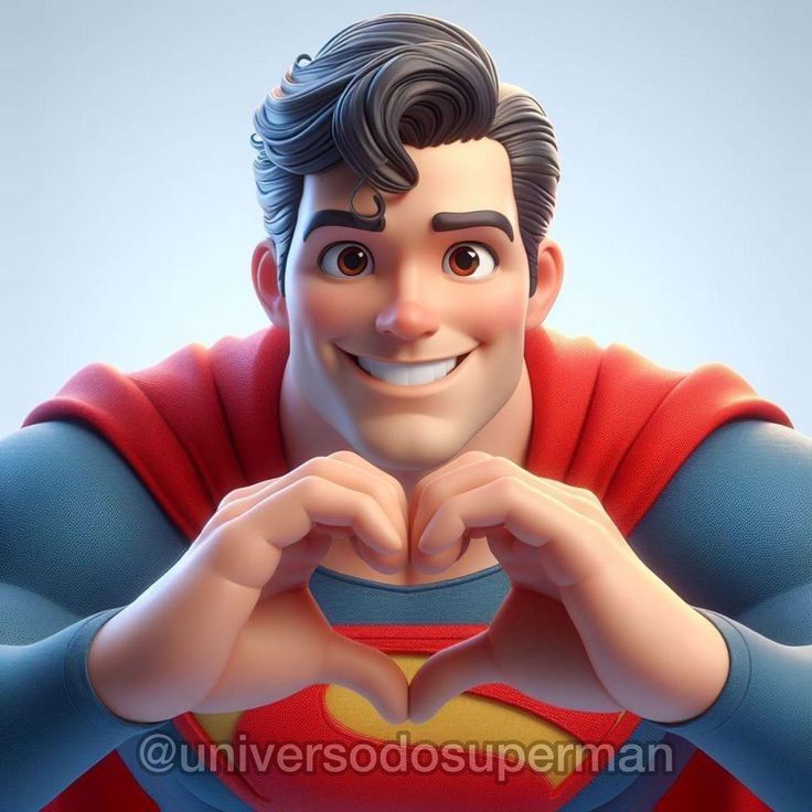 superman is shown from the chest up making a heart shape with his hands over his chest. he has a large smile on his face. the background is a light blue gradient.