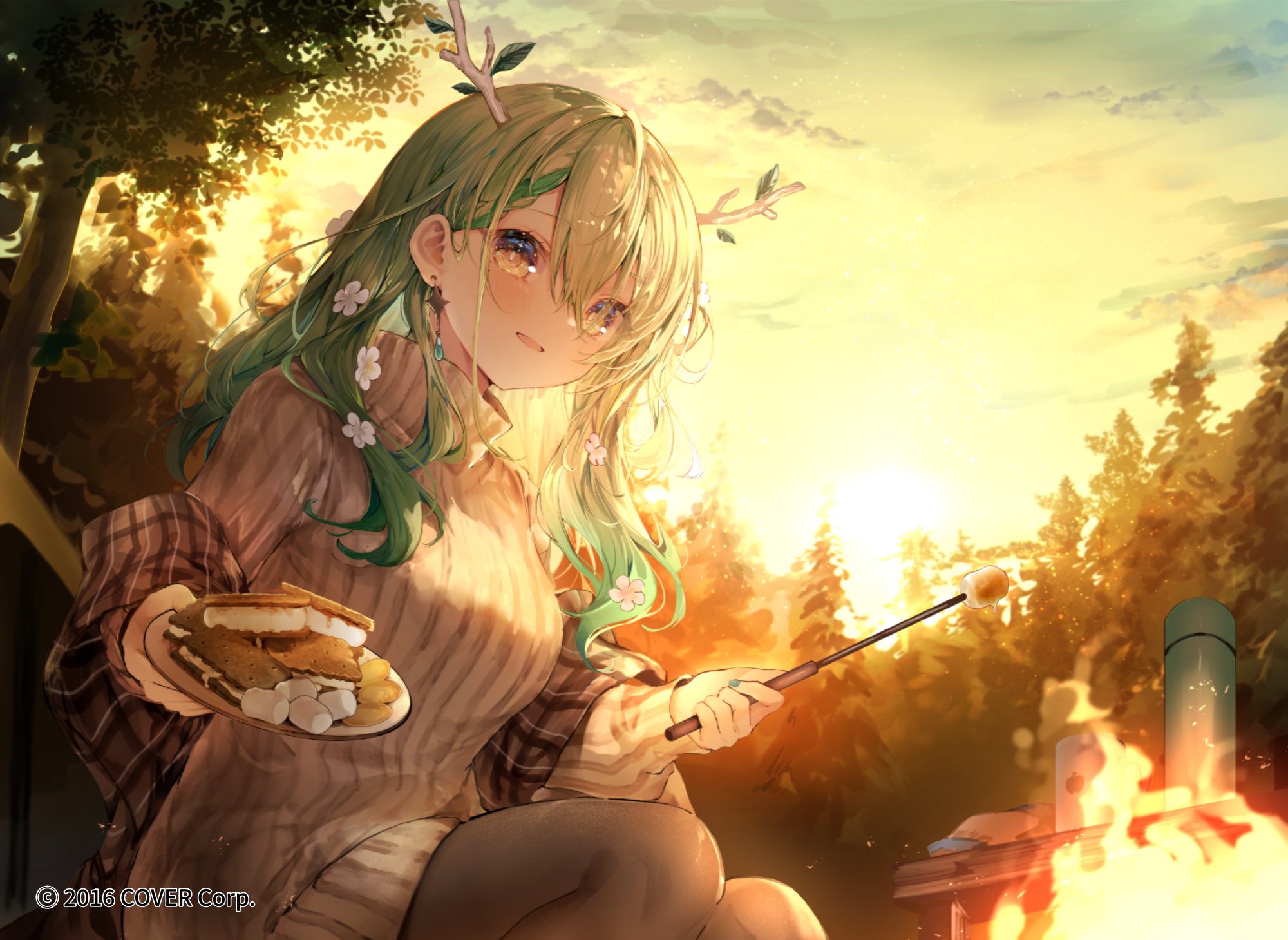 the image depicts a charming anime girl with long, flowing green hair adorned with delicate white flowers and small deer antlers. she's dressed in a cozy beige sweater layered over a plaid shirt.  she's sitting outdoors in a forest setting at sunset, happily roasting a marshmallow over a campfire while holding a plate of s'mores. the overall mood is warm, peaceful, and magical, enhanced by the soft light of the sunset and the idyllic forest backdrop. the art style is vibrant and detailed, with a focus on soft colors and a whimsical aesthetic.