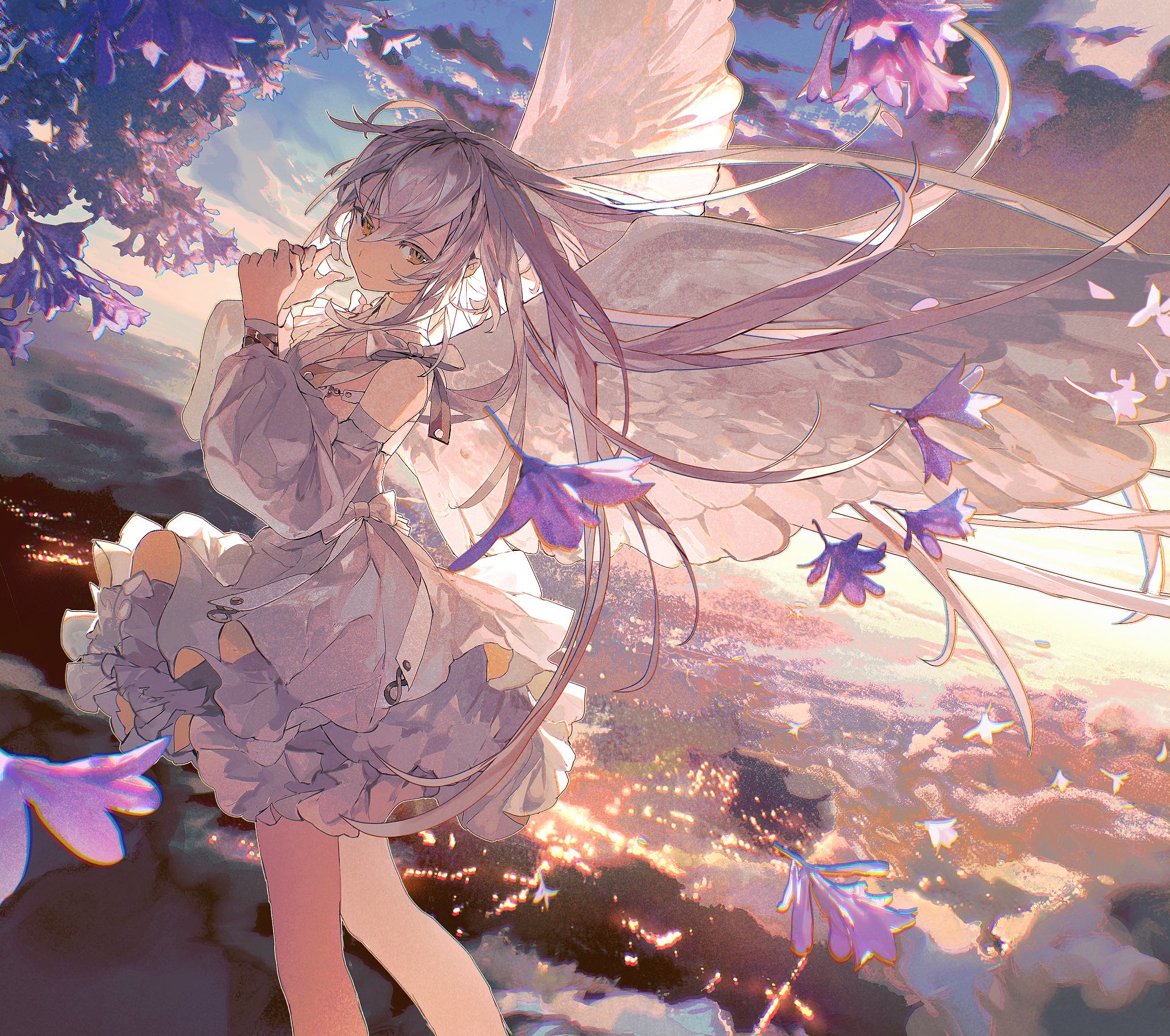 he image showcases a breathtaking anime girl with long, flowing white and purple hair, adorned with delicate angel wings. she's dressed in a flowing white dress with purple accents, standing amidst a whimsical scene of purple flowers and soft clouds.  the backdrop presents a stunning sunset over a glittering city at night, adding a touch of fantasy and magic to the artwork. the overall style is soft and ethereal, highlighting the delicate details of the girl's features and attire. the artwork's color palette is predominantly pastel shades of purple, white, and gold, enhancing its dreamy and mystical atmosphere.