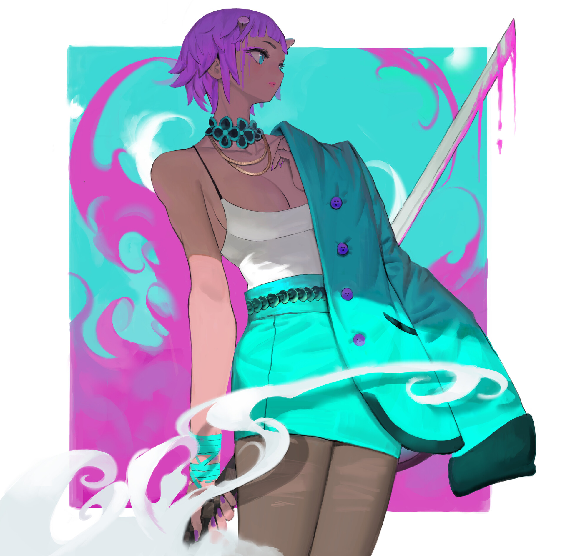 the image is an animestyle illustration featuring a female character with purple hair and small horns. she has blue eyes and is wearing a white tank top, a turquoise skirt, and a turquoise blazer with purple buttons. she is adorned with layered necklaces and a turquoise choker. her hand is wrapped in bandages, and she is holding a katana that has dripping blood. smoke effects are present around her. the background is a mix of turquoise and pink. the illustration is a full body shot of the character.