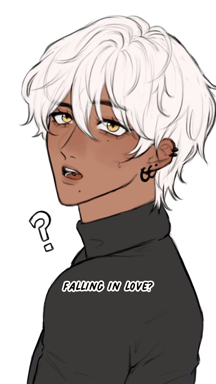 the image is a digital drawing of a young adult male animestyle character. he has short, styled white hair, brown skin, and is wearing a black turtleneck. he has multiple piercings in his ears.  his expression is a mixture of curiosity and perhaps slight nervousness or anticipation. a question mark and the phrase "falling in love?" are visible near him, suggesting the theme of romantic interest or a developing relationship. the art style is clean and modern, with soft shading and line work. the overall tone is light and slightly suggestive.