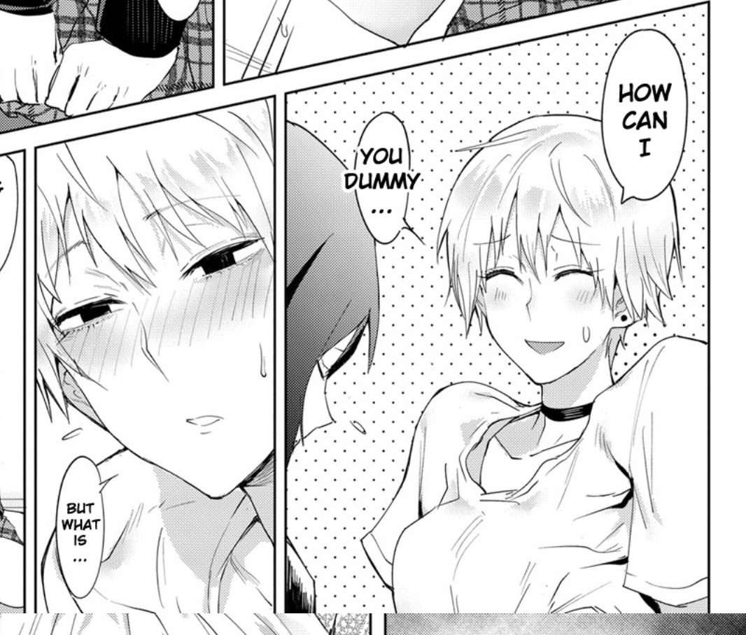 the image is a closeup of a manga panel depicting a romantic scene between two young men. one, with short, somewhat spiky hair, is blushing and smiling, his expression suggestive of happiness or embarrassment. he's wearing a simple tshirt.  the other young man, seen partially, is also blushing and has longer hair. the panel shows intimacy between them. there are speech bubbles containing dialogue that suggests a flirtatious or romantic exchange: "how can i," "you dummy," and "but what is..." the style is characteristic of manga, using black and white shading and distinct character features. the overall feeling is suggestive of a romantic encounter between the two boys.