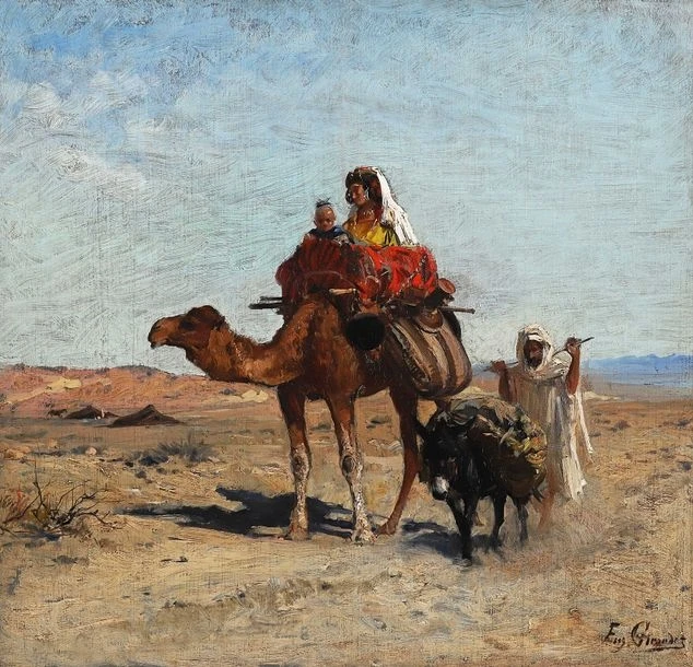 an oil painting depicting a desert scene with a camel carrying a woman and child, accompanied by a man leading a donkey. the camel is laden with baggage, and the group appears to be traveling across a sandy landscape under a bright sky. the painting is signed "eug. girardet" in the bottom right corner.