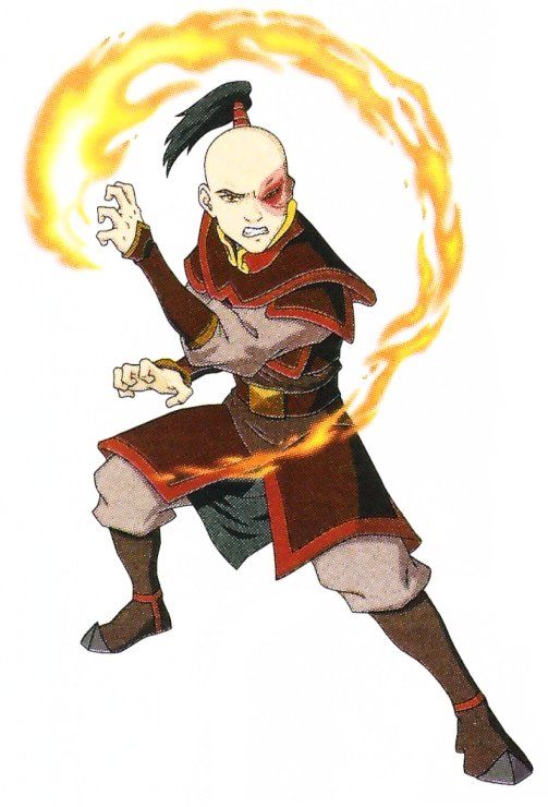 an animated image of zuko, the firebending character from the avatar series, in his firebending stance with his scar clearly visible on his left eye. he is in his red and orange firebending uniform with the signature firebending swirl around him. his arms are stretched out and his body is in a  fighting pose. the background is white.