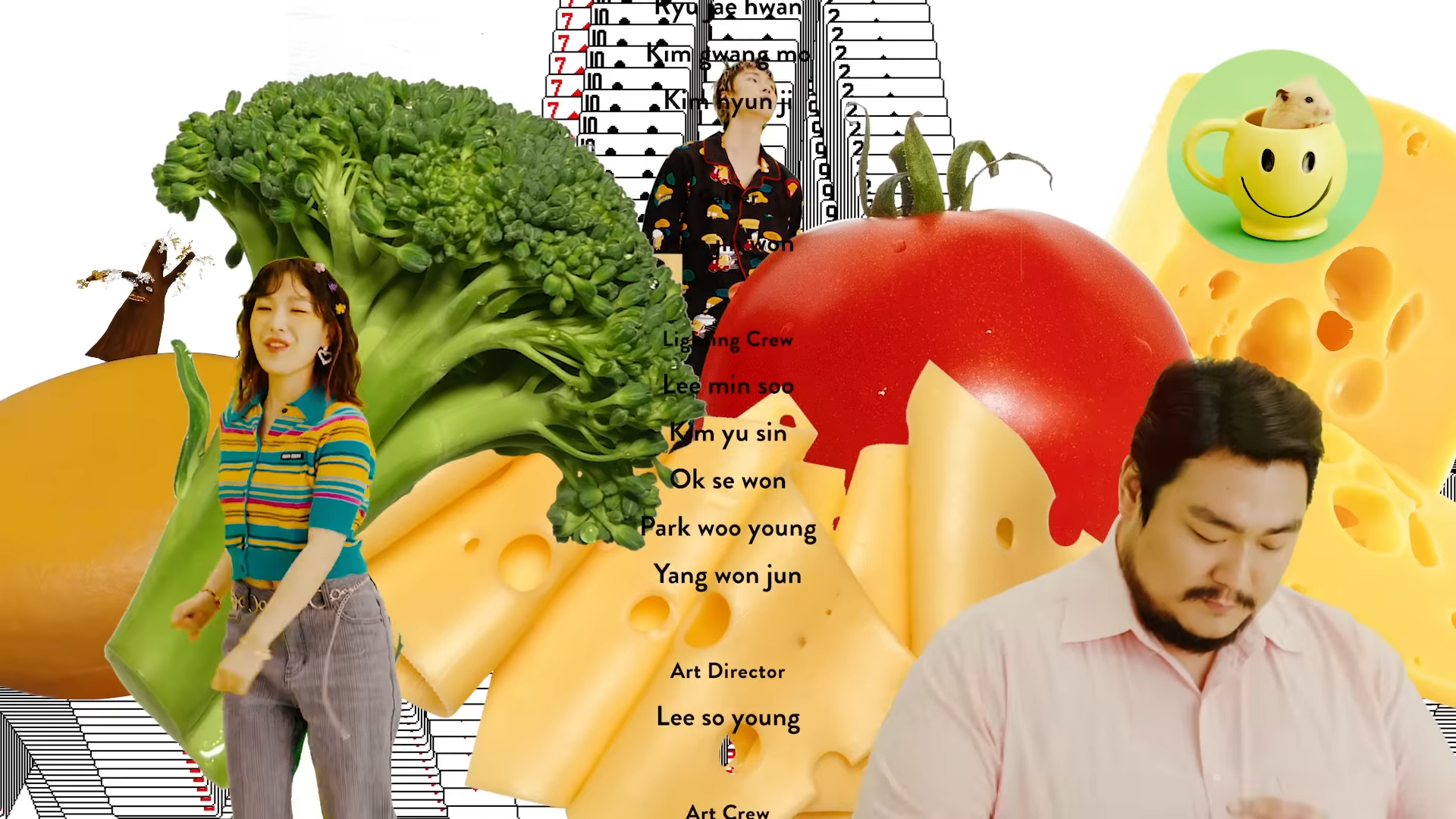 the image is a chaotic collage featuring red velvet seulgi on the left side with a mango and a head of broccoli superimposed on her. on the right side is a mukbang youtuber with cheese in the foreground and background. there is a hamster in a cup on the right side as well. the center of the image features text from a personnel list. the background of the image is white.
