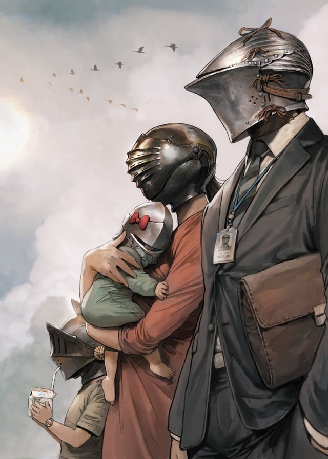 a family of four stands together, the parents and baby facing right, while a young child to the left looks straight ahead. all four members of the family wear medieval knight helmets that obscure their faces. the father wears a business suit with an id badge, the mother wears a red dress, the baby wears a white helmet adorned with a red bow, and the child wears a yellow shirt and holds a drink carton. the background is a cloudy sky with birds in flight.  the image presents a striking juxtaposition of medieval armor and contemporary clothing, suggesting themes of identity, conformity, and the pressures of modern life.