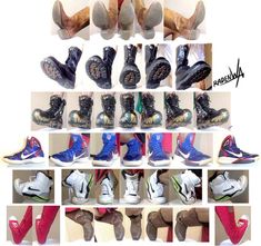the image displays a collection of footwear, specifically shoes and boots, arranged in a grid pattern against a white background. the footwear includes cowboy boots, sneakers, and basketball shoes in a variety of colors and styles. the image also shows bare feet and legs wearing socks.