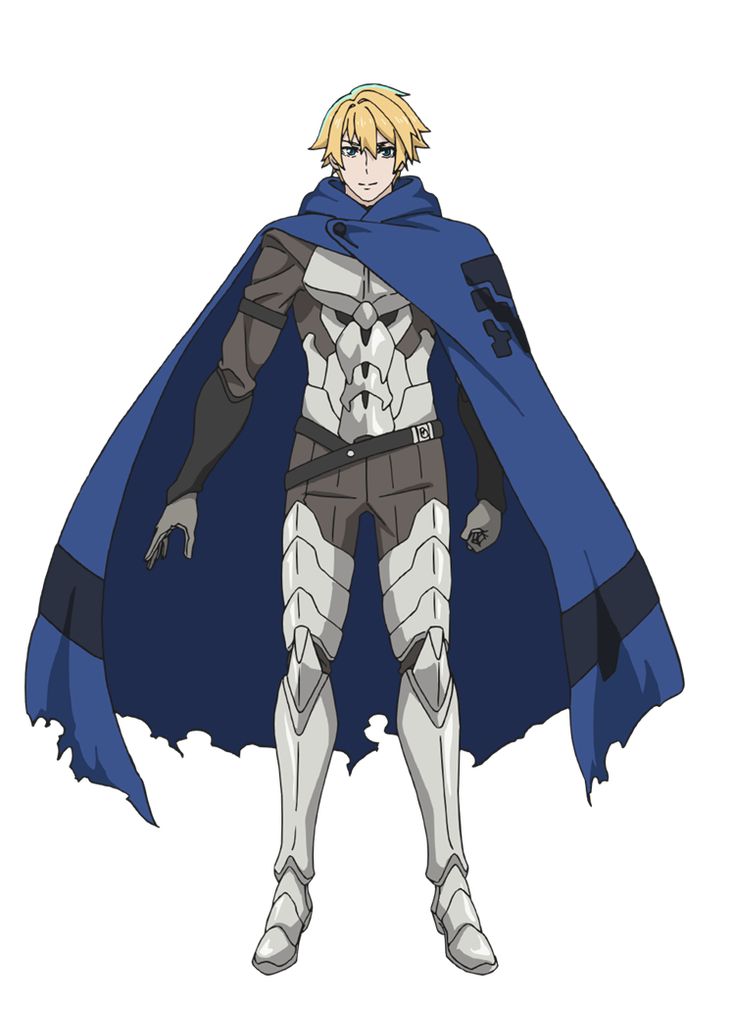 a digital illustration of a male anime character with blonde hair and blue eyes. he is wearing a dark blue cape with dark blue trim. he is also wearing silver armor, dark grey pants, and dark grey boots. the character appears to be holding a sword, although it is not visible in the image. he stands in a relaxed pose with a slightly annoyed expression on his face. he has a dark blue cape with dark blue trim, which is draped over his shoulders and flowing around his body. the character is standing against a white background.