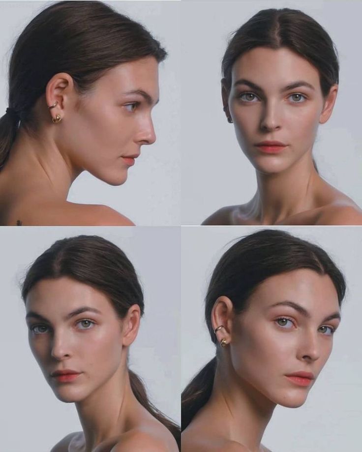 the image shows four portraits of the same young woman.  the portraits showcase her face from various angles: a profile view from the left side, a straighton front view, and a profile view from the right side, as well as a threequarter view, highlighting her features and subtle makeup.  her hair is styled in a simple, sleek ponytail. she's wearing small, gold earrings and an ear cuff. the background is a plain, light grey, allowing the focus to remain solely on the model. the overall impression is one of clean beauty and elegance.