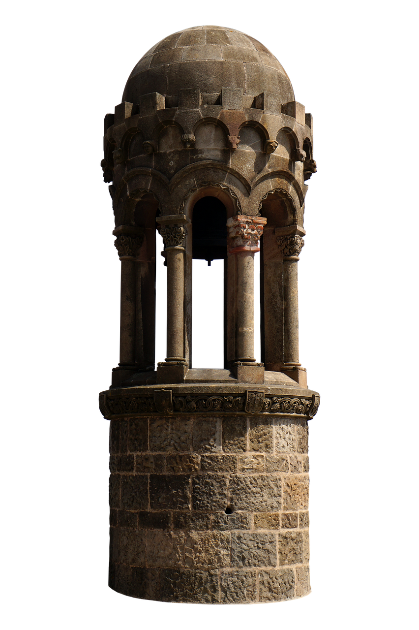 an old, weathered stone structure stands against a black background. the structure features a rounded dome at the top, supported by a series of columns and arches. the lower part of the structure is made of large, roughhewn stones, forming a cylindrical base. the overall architectural style suggests a historical or religious context.