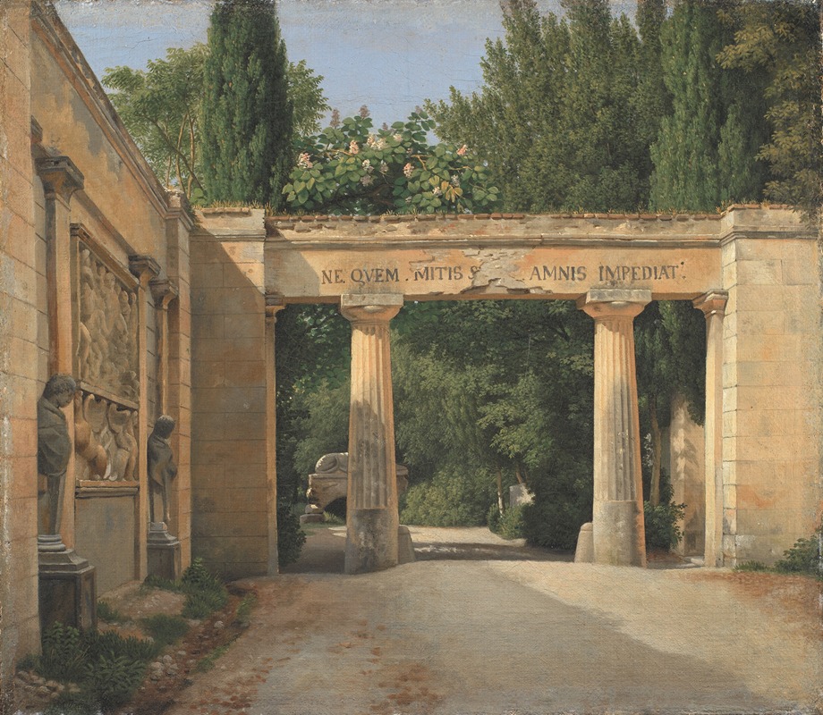 a painting depicting an archway with columns, featuring a latin inscription "ne quem mitis s amnis impediat". the archway leads to a landscape of trees and a parklike setting. there are sculptures and architectural elements, suggesting historical ruins. the scene conveys an artistic representation of a serene outdoor location.