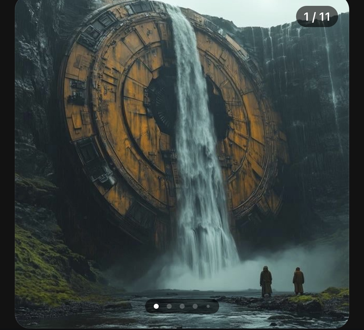 a large, round, spaceshiplike object is wedged in a mountainside with a waterfall cascading down from its centre. there are two figures standing at the base of the waterfall and a small river flowing into the distance.